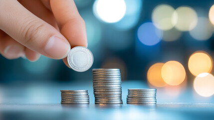 Hand stacking silver money coins for expanding business on a hazy background