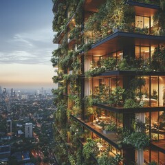 Sticker - A modern high-rise building covered in greenery with balconies overlooking a city skyline.