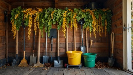 Wall Mural - Cleaning and storing garden tools in a warm shed with swirling golden leaves.