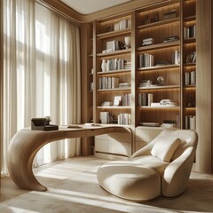 Poster - A modern home office with a curved wooden desk, a comfortable armchair, and a large bookshelf filled with books.