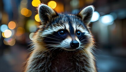 Wall Mural - Nocturnal raccoon exploring an urban environment under the night sky