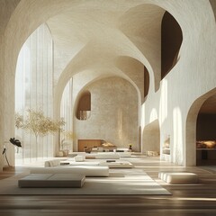 Poster - A modern minimalist interior design with vaulted ceilings and natural light.