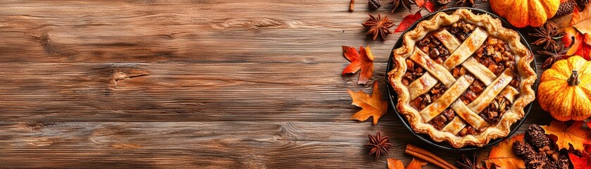 A delicious lattice-topped pie surrounded by autumn leaves, pumpkins, and spices on a rustic wooden table, perfect for fall, Thanksgiving, and harvest-themed materials