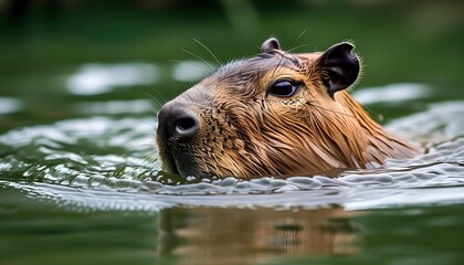 Wall Mural - Intimate view of a capybara gliding through a tranquil river, capturing the essence of natures wildlife.