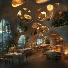 Poster - A modern restaurant with an organic, cave-like design featuring large windows overlooking a city skyline.