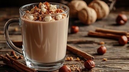 Wall Mural - Warm hazelnut milk with a touch of caramel syrup, served in a clear glass.