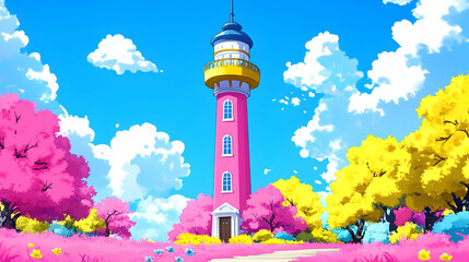 Wall Mural - Pink Lighthouse with Colorful Trees and Flowers