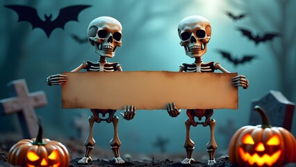 Skeletons holding blank banner in spooky Halloween Graveyard, generative AI