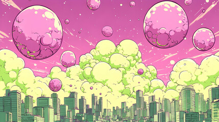 Poster - Futuristic Cityscape with Floating Planets and Clouds