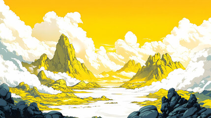 Sticker - Mountains & Clouds: A Dramatic Landscape in Yellow & Blue