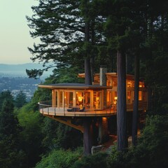 Poster - A modern treehouse with a wooden deck overlooking a valley at sunset.