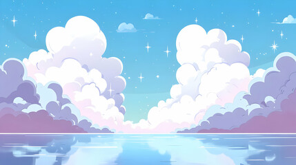 Sticker - Clouds Over Calm Ocean with Stars - Dreamy Sky and Water Illustration