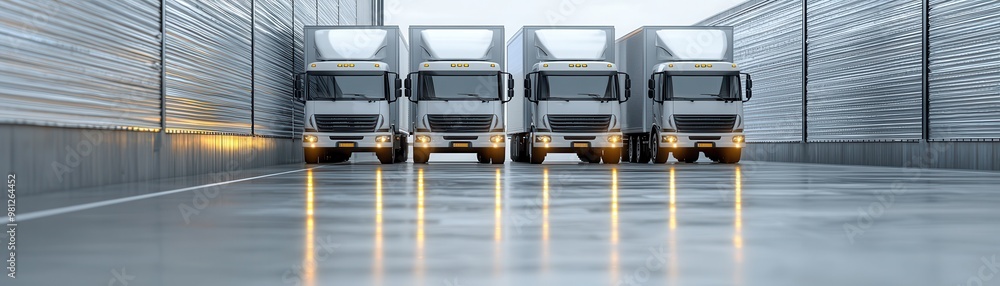 A lineup of modern trucks in a spacious loading bay, showcasing ...