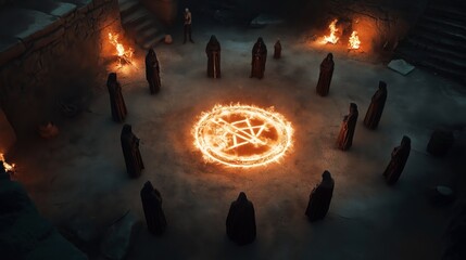 Sticker - A group of hooded figures stands in a dimly lit ancient room, forming a circle around a glowing fiery pentagram. Flames burn on the perimeter and the atmosphere is eerie.