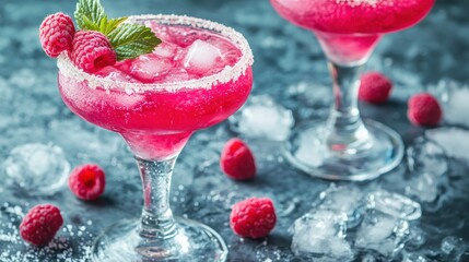 Wall Mural - Raspberry margarita with a rich pink color and a few fresh raspberries for decoration.