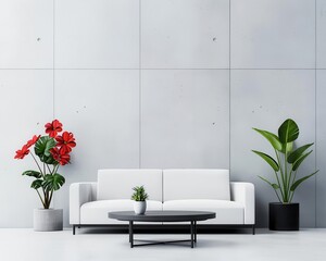 Minimalist living room with concrete accent wall, simple furniture, and neutral tones, minimalism, open space