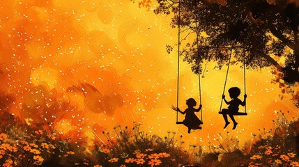 Silhouette of two children swinging on a tree swing against an orange sunset sky.