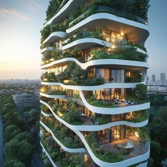 Sticker - A modern, high-rise apartment building with a curved design and green terraces, showcasing sustainable architecture and urban living.