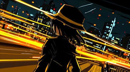 Sticker - Nighttime Cityscape with a Mysterious Figure and Bright Lights