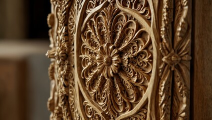 Poster - Close-up of intricate wood carving with a chisel, golden wood grain visible.