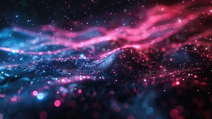 Wall Mural - Abstract picture of micro light sparkling particles scattered across vivid flowing wave with digital background, create digital effect scene perfect for energetic and fantasy wallpaper design. AIG53.