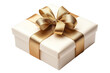 © Peeradontax - A beautifully wrapped white gift box adorned with a luxurious gold satin ribbon and bow. Png die cut isolated.