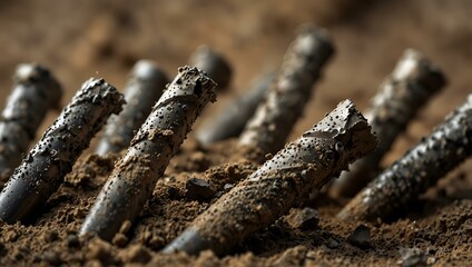 Wall Mural - Close-up of spinning drill bits covered in rock dust during mining.