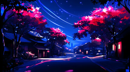 Sticker - Nighttime Street Scene with Pink Trees and Blue Sky