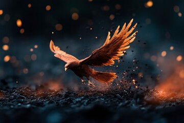 Wall Mural - A dramatic image of a fiery phoenix rising from ashes, symbolized by a majestic bird with glowing feathers, set against a dark, glowing ember background.