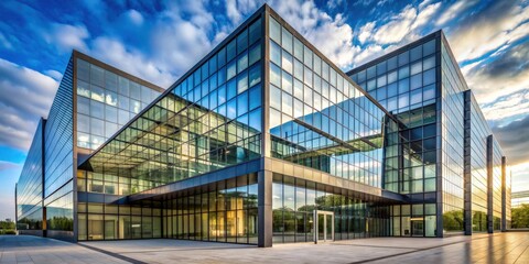 Poster - Architecture background featuring a modern building with geometric shapes and glass windows, architecture, building, modern, design