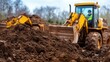 © angel_nt - A yellow loader works to move large piles of dirt on a construction site, with an operator visible inside the cabin, against a backdrop of trees under cloudy skies