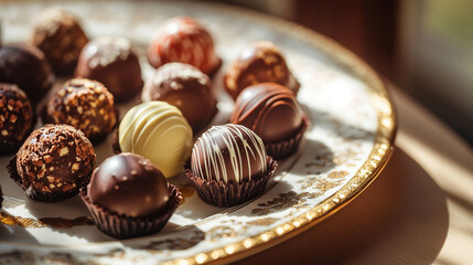 Wall Mural - A selection of hand-crafted chocolate truffles arranged on a decorative plate. Sunlight filters through the window, creating subtle reflections on the glossy surfaces of the truffles, highlighting the