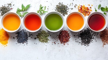 A variety of herbal teas in bowls next to colorful dried herbs create a vibrant display