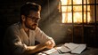 © angel_nt - A thoughtful man sits quietly at a wooden table, surrounded by scattered papers. Warm sunlight filters through barred windows, creating a contemplative atmosphere as he reflects on his work