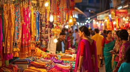 People shopping for Diwali in a market filled with colorful decorations, clothes, and lights