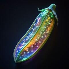 Poster - A pea pod filled with a galaxy of stars and planets, illuminated from within.