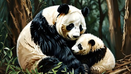 Wall Mural - Tender moment between a Giant panda mother and her playful cub in a serene forest setting