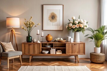 Cozy and stylish interior of living room with mock up poster frame, wooden console, flowers in vase, decorations and personal accessories. Modern home decor