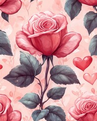 Wall Mural - A pink rose with green leaves and red hearts on a pink background.