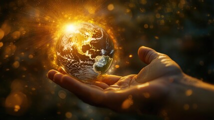 praying hands, world globe, palm, celestial light, divine perspective, heavenly glow, earth in hand,