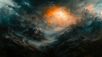 Wall Mural - renaissance oil painting, dark twisted mountainous landscape, underworld of ancient greek mythology,