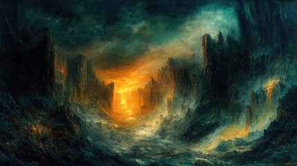 Wall Mural - renaissance oil painting, dark twisted mountainous landscape, underworld of ancient greek mythology,