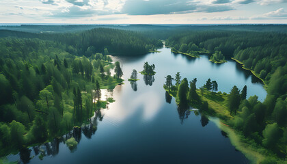 Wall Mural - An aerial view of the beauty of a forest lake, feel the harmony of nature.