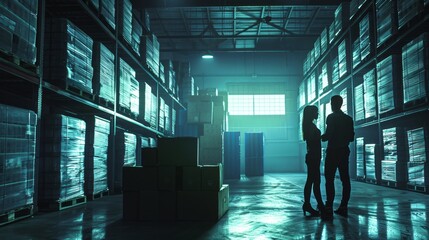 Silhouettes of a man and woman in a dark warehouse with shelves and boxes