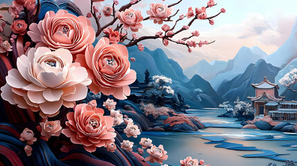 Wall Mural - Blooming Flowers in a Serene Mountain Landscape