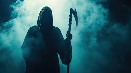 Halloween A person in a hooded cloak holding a large staff or staff with a long handle