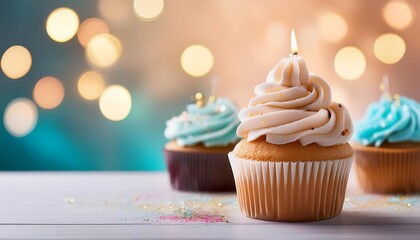 Delicious birthday cupcake on table on light background 