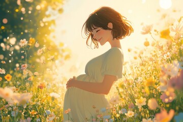 Canvas Print - A pregnant woman smiles happily in a field of wildflowers.