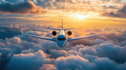 a majestic airplane soaring above fluffy clouds during a breathtaking sunset, showcasing the beauty 