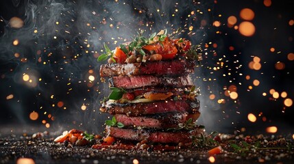 Wall Mural - Stacked meat with herbs and vegetables on a dark background, with sparks flying around it. Professional food photography, a close-up shot taken from a low angle, in high resolution.